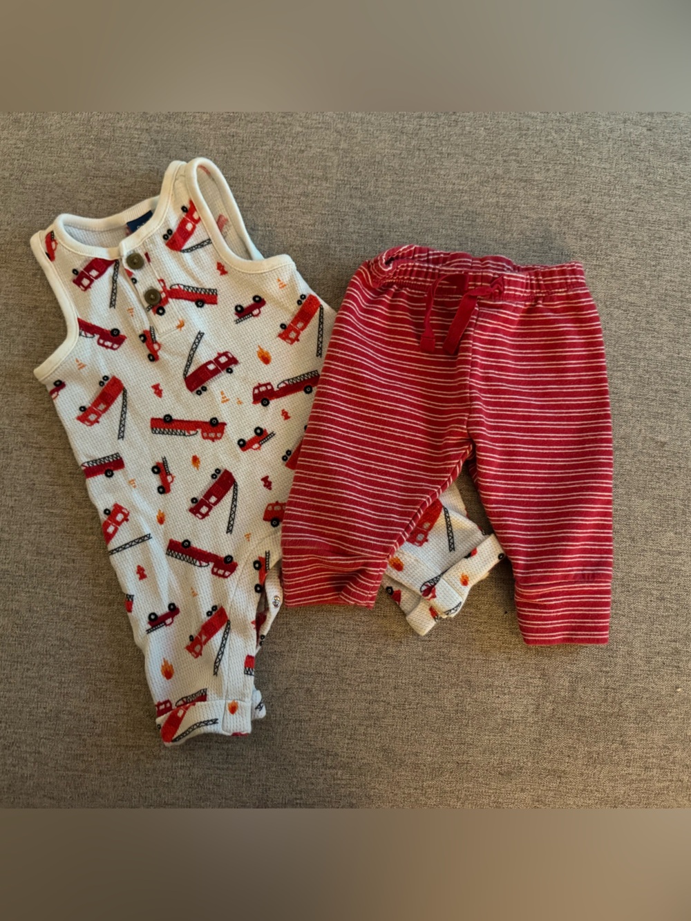 Old Navy White Firetruck Print Waffle Romper with Baby Gap Red Striped Pants